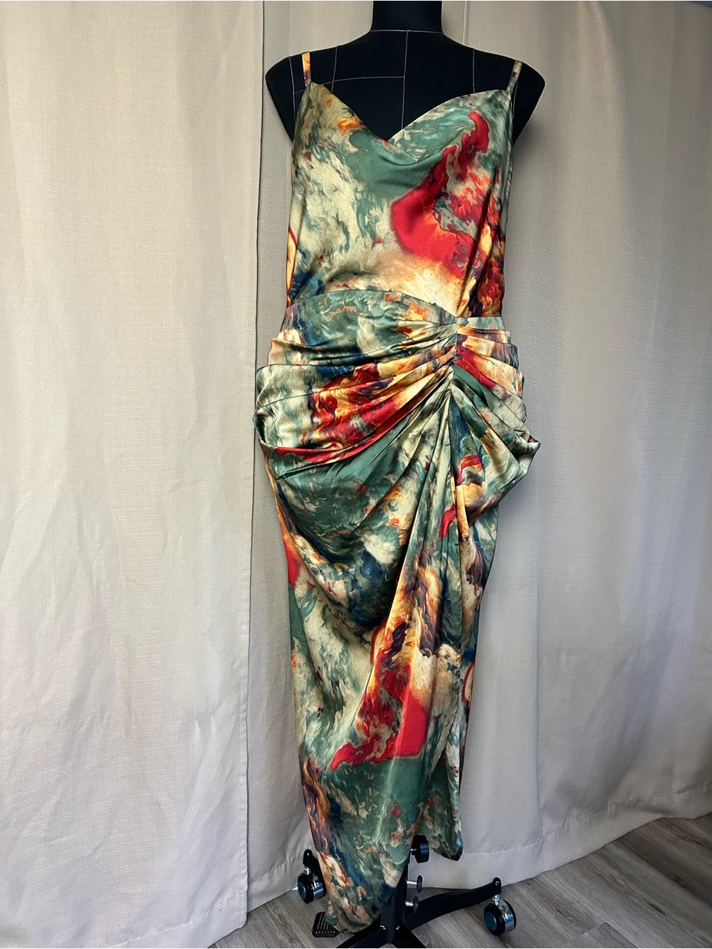 Micas Curve Satin Cowl Neck Ruched  Sleeveless Midi Dress